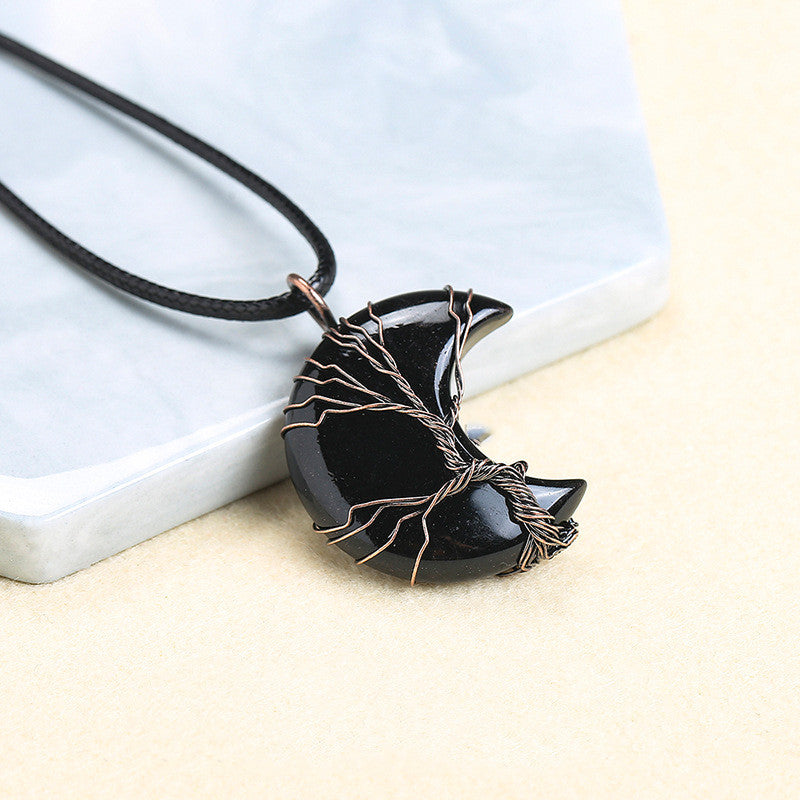 Moon Shaped Bronze Wrapped Wire Necklace Pendant