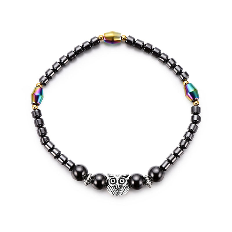 Magnetic Hematite Electroplated AB Color Round Bead Owl Anklet