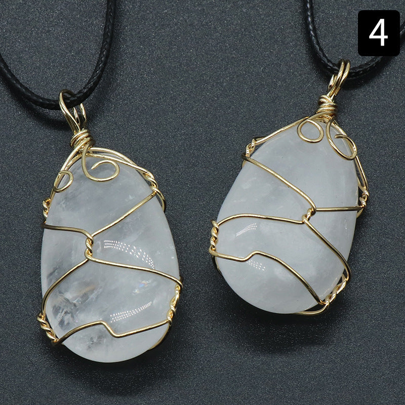 Crystal Agate Semi-precious Stone Water Drop Wrapped Silk Pendant Necklace