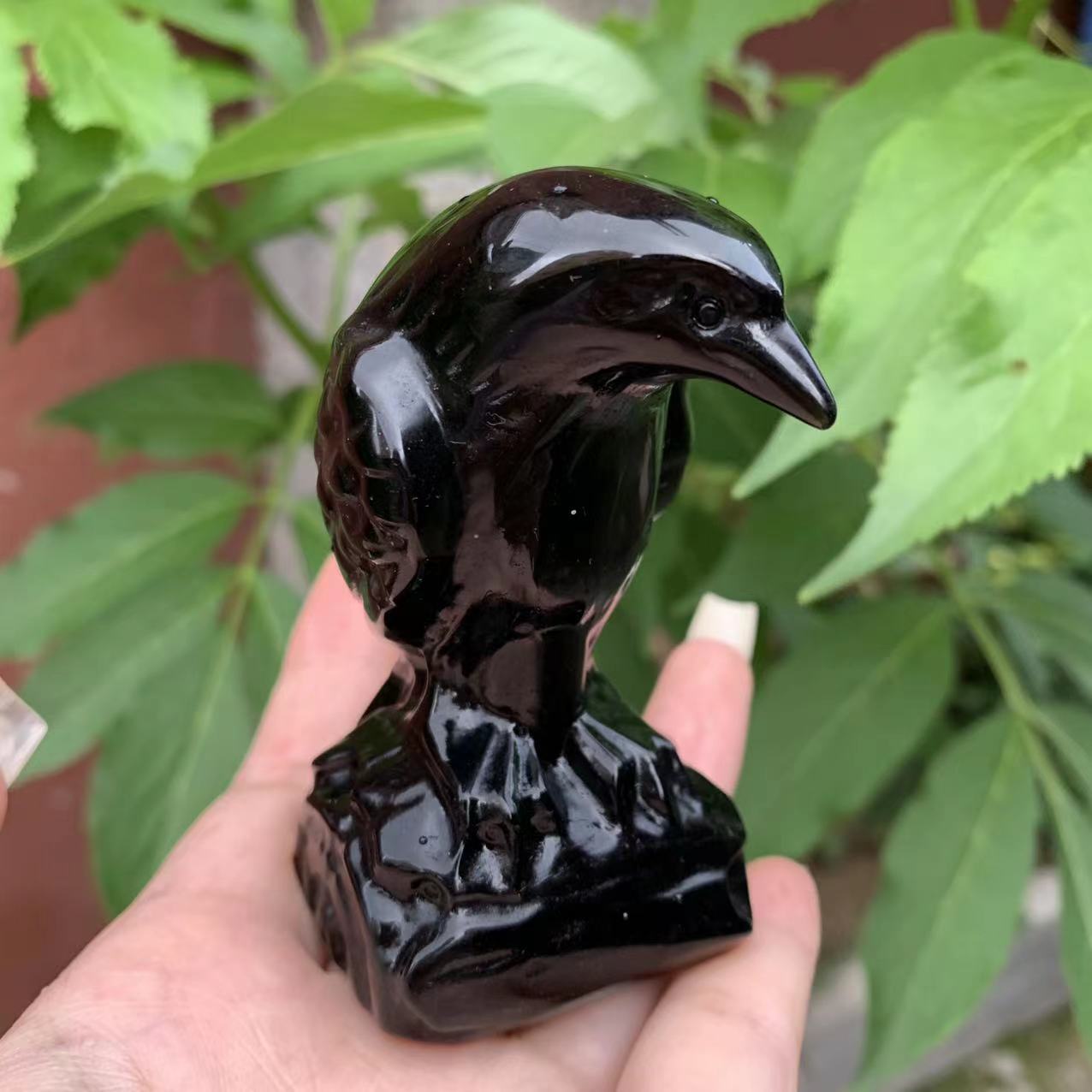 Natural Crystal Obsidian Crow Carving Ornaments