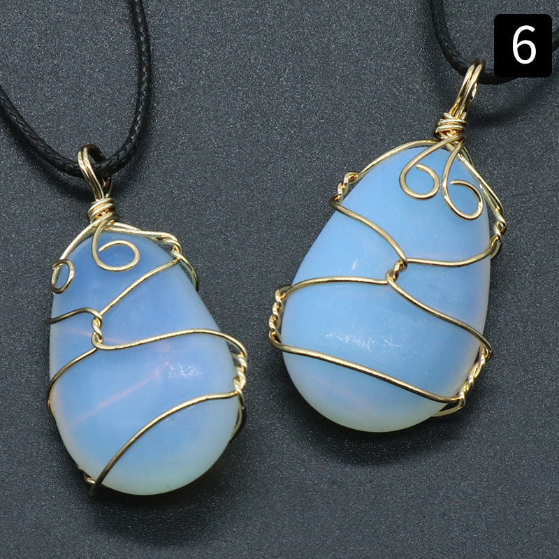 Crystal Agate Semi-precious Stone Water Drop Wrapped Silk Pendant Necklace