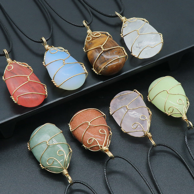 Crystal Agate Semi-precious Stone Water Drop Wrapped Silk Pendant Necklace