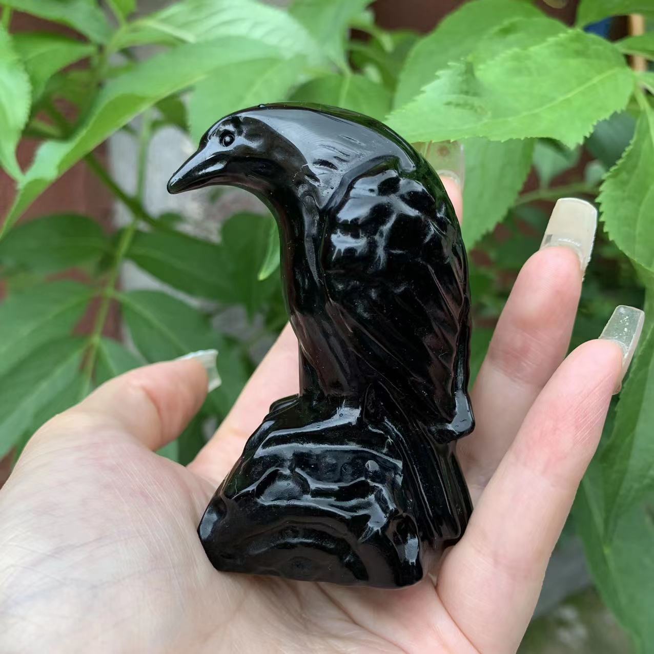 Natural Crystal Obsidian Crow Carving Ornaments