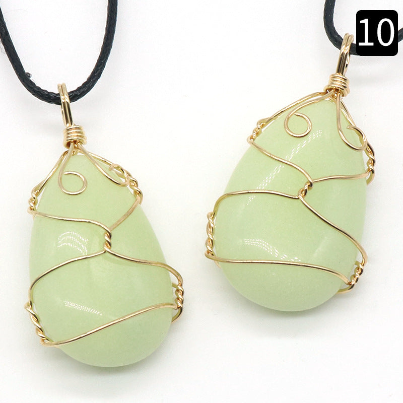 Crystal Agate Semi-precious Stone Water Drop Wrapped Silk Pendant Necklace